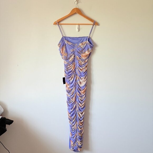 Lulus Stun and Only Lilac Floral Print Ruched Mesh Bodycon Midi Dress NWT XL - Picture 9 of 11